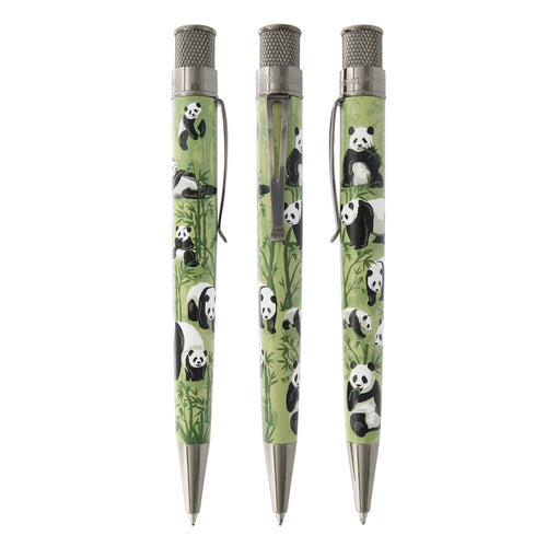 Front and side views of the Retro 51 Smithsonian National Zoo Panda Rollerball Pen. The barrel is green with several bamboo trees and pandas.  