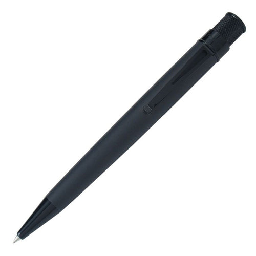 Angled front view of the Retro 51 Stealth Matte Black rollerball pen. It is a black pen with glossy black trims. 