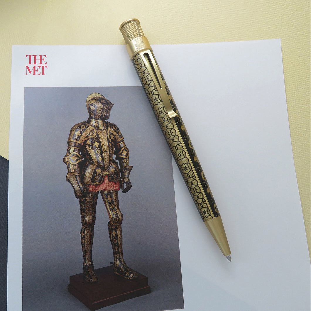 Front view of the rollerball on top of a printed image of the Tudor Armor