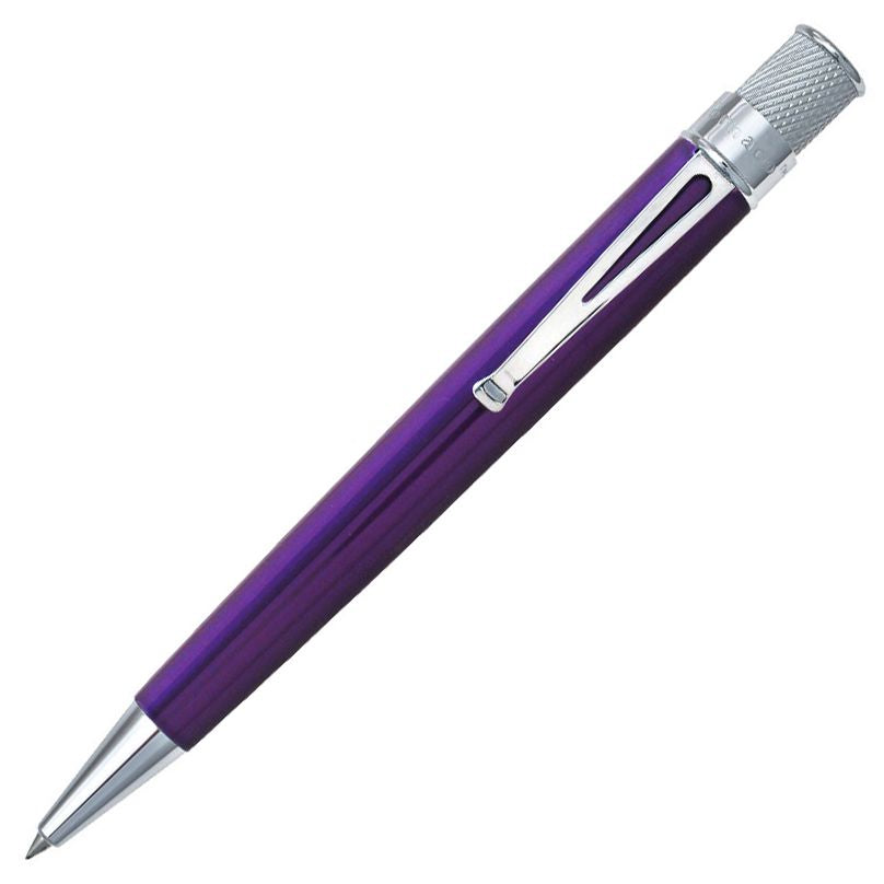 The Retro 51 Tornado Classic Laquer Rollerball pen in Purple with chrome accents is placed in front of a white background.