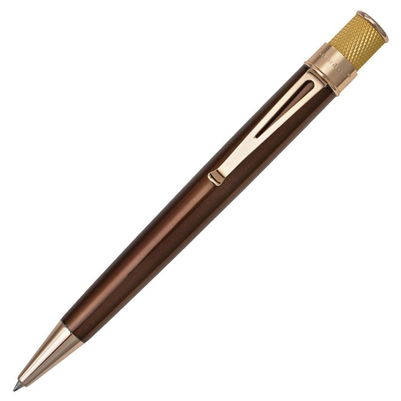 The Retro 51 Tornado Classic Laquer Rollerball pen in Brown  with brass  accents is placed in front of a white background.