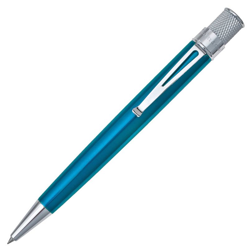 The Retro 51 Tornado Classic Laquer Rollerball pen in Peacock Blue with chrome accents is placed in front of a white background.
