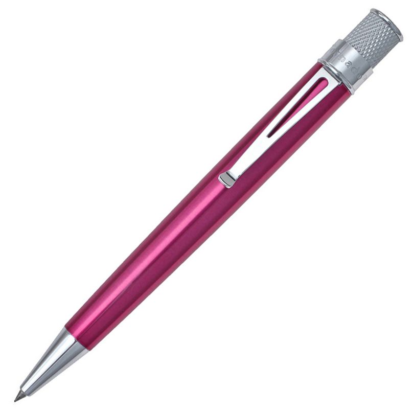 The Retro 51 Tornado Classic Laquer Rollerball pen in Pink with chrome accents is placed in front of a white background.