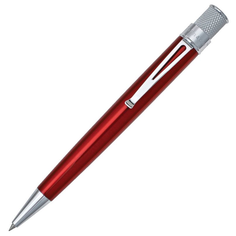 The Retro 51 Tornado Classic Laquer Rollerball pen in Red with chrome accents is placed in front of a white background.