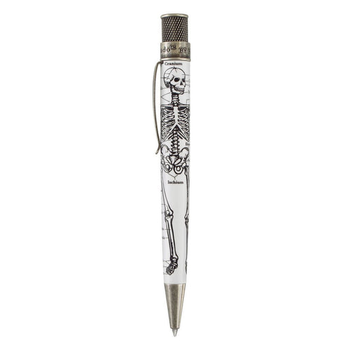 Side view of the Retro 51 Tornado Vintage Metalsmith Dr. Gray Rollerball Pen (VRR-1346). It has stone-washed trims. The white barrel has the printed graphic of a skeleton with the bones labeled. 