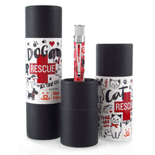 Load image into Gallery viewer, Front view of the Cat Rescue pen arranged with two matching gift tubes. 
