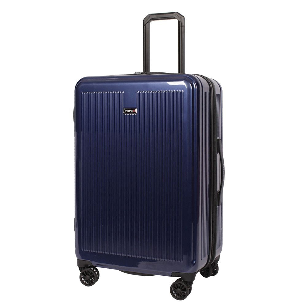 Angled front panel view of the navy blue hard shell suitcase. 