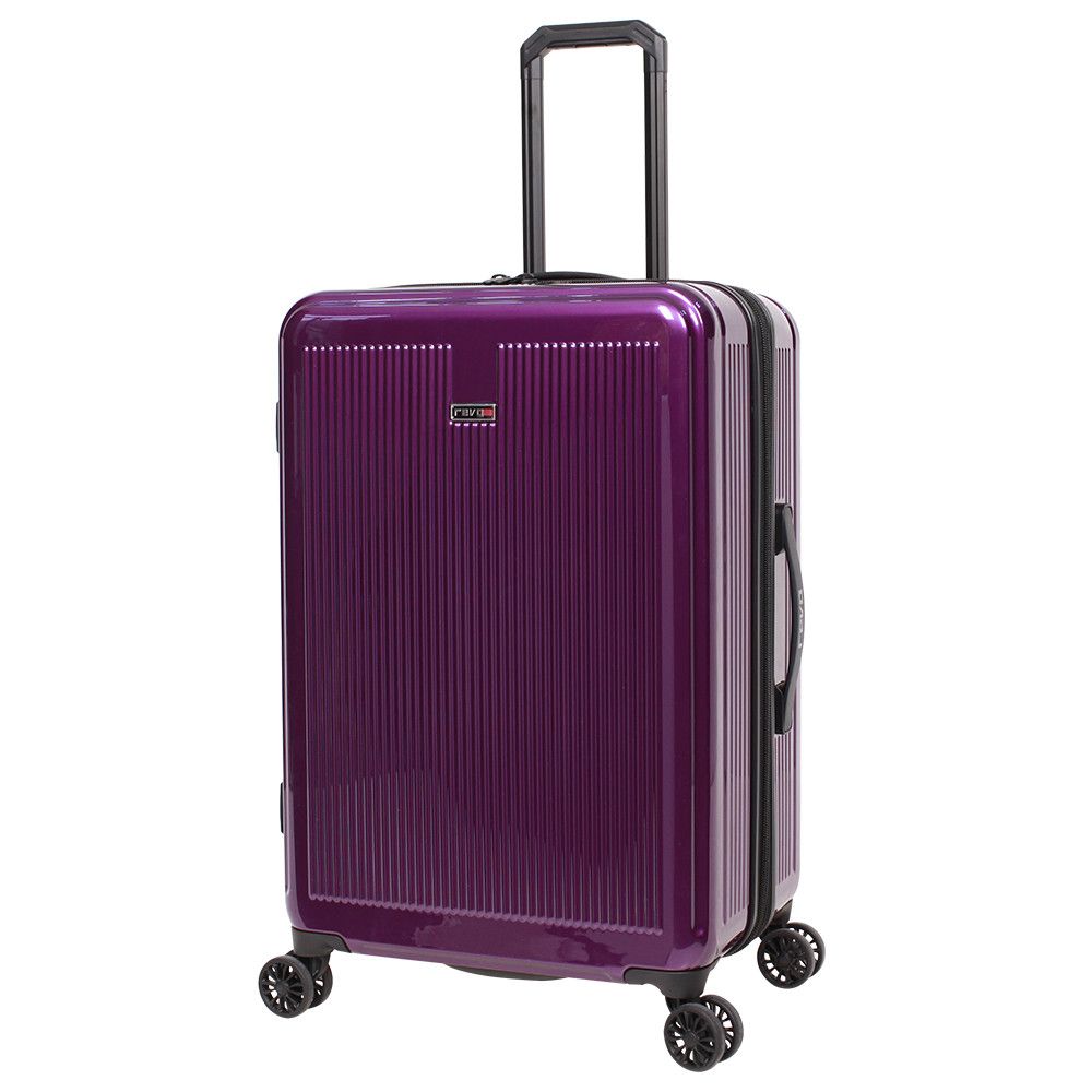 Angled front panel view of the purple hard shell suitcase. 