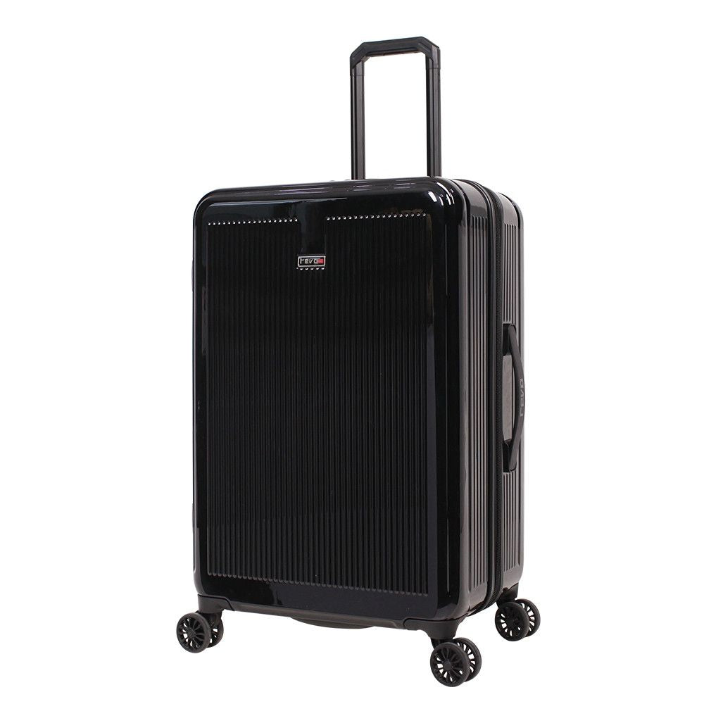 Angled front panel view of the black hard shell suitcase. 