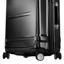 Load image into Gallery viewer, Angled close up to the spinner wheels on the black suitcase. 
