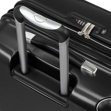 Load image into Gallery viewer, Top angled close up to the black suitcase. It features a grab handle, and a TSA-approved three-digit combination. 
