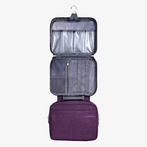 Interior view of the plum toiletry bag, extended.