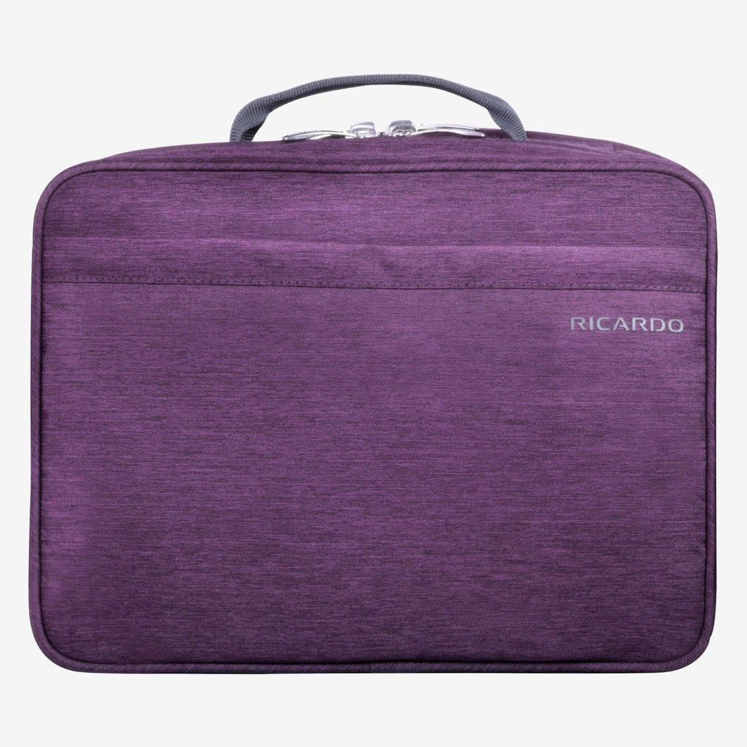 Front panel view of the plum toiletry organizer. 