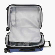 Load image into Gallery viewer, Interior view of the slate blue suitcase with the panel divider unzipped. 
