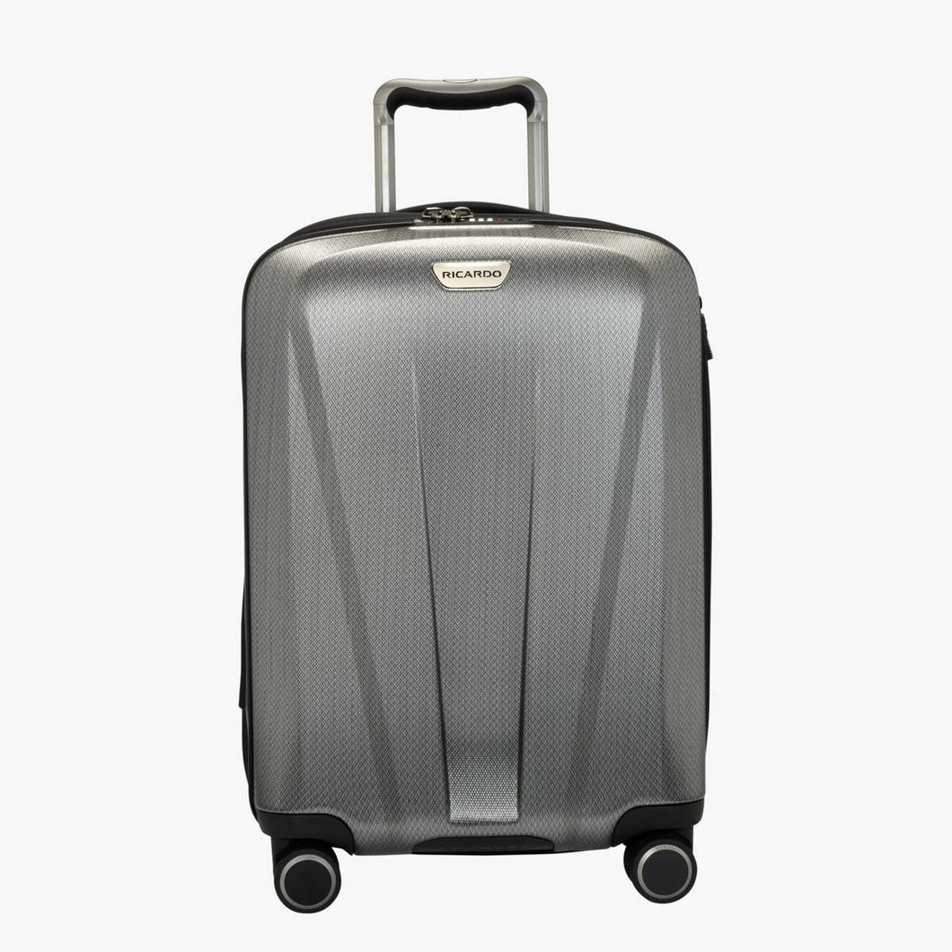 Front panel view of the moon grey hard shell suitcase. 