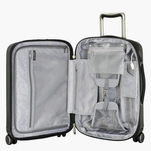 Load image into Gallery viewer, Interior view of the moon grey suitcase. It features a zipper-closing panel divider, pockets, and adjustable straps. 
