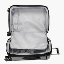 Load image into Gallery viewer, Interior view of the moon grey suitcase with the panel divider unzipped. 
