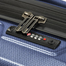 Load image into Gallery viewer, Close up to the slate blue suitcase&#39;s TSA approved three-digit combination lock. 
