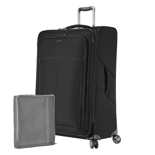 Front Angled View of the black suitcase with Packing Cube