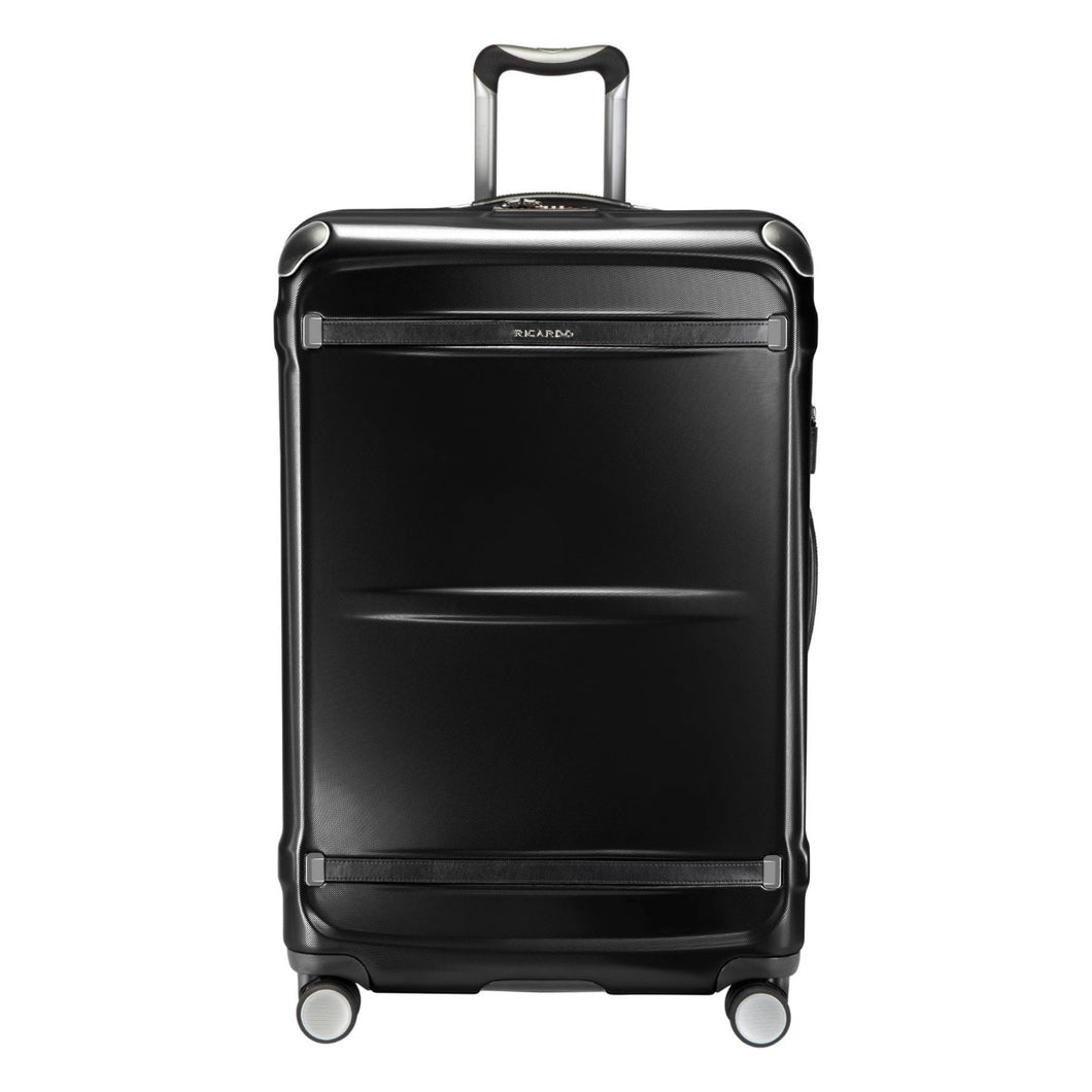 Front panel view of the black hard shell suitcase. 