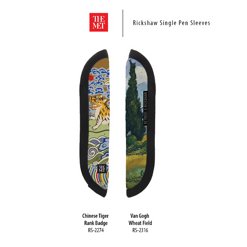 Side view of the Chinese Tiger and Van Gogh Wheat Field pen sleeves. 