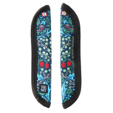 Load image into Gallery viewer, Front and back view of the blackthorn pattern. It features a scene with flowers and leaves on a navy blue background.
