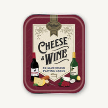 Load image into Gallery viewer, A pack of 'Cheese &amp; Wine' playing cards with 54 illustrated cards displayed on the cover, showcasing various cheeses and wines.
