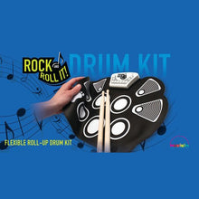 Load image into Gallery viewer, The drum kit arranged on a blue background with music notes.
