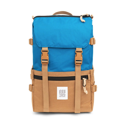 Front panel view of the blue with khaki backpack. 
