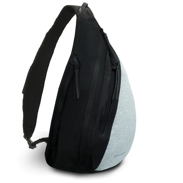 Side panel view of the black and sterling backpack 