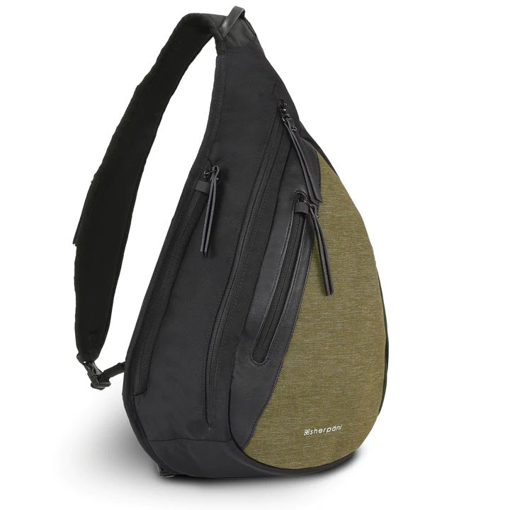 Angled front panel view of the black and loden backpack. 