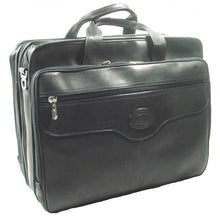 Load image into Gallery viewer, Angled front panel view of the black leather suitcase. 
