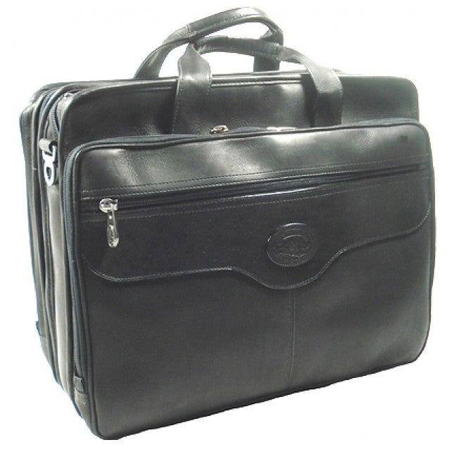 Angled front panel view of the black leather suitcase. 
