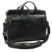 Load image into Gallery viewer, Angled front view of the black leather case, featuring a shoulder strap. 
