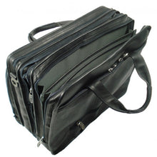 Load image into Gallery viewer, Angled top view of the black leather suitcase. 
