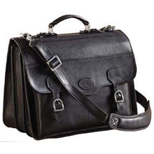 Load image into Gallery viewer, Angled front view of the black leather flap over briefcase.
