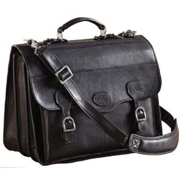 Angled front view of the black leather flap over briefcase.