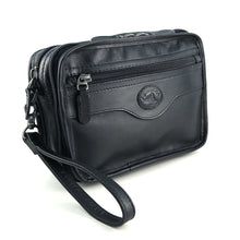 Load image into Gallery viewer, Angled front panel view of the Santa Fe black leather bag. 
