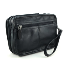 Load image into Gallery viewer, Angled back panel view of the black leather bag. 
