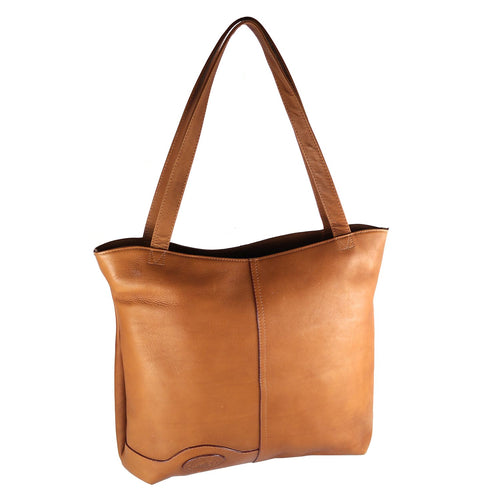 Angled front view of the tan leather tote bag. 