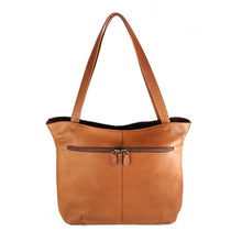 Load image into Gallery viewer, Back panel view of the tan leather tote bag. 
