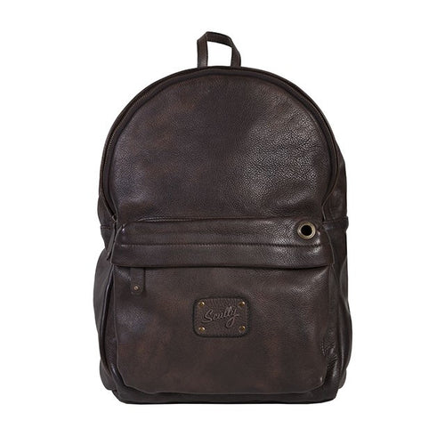 Front panel view of the dark brown leather backpack. 