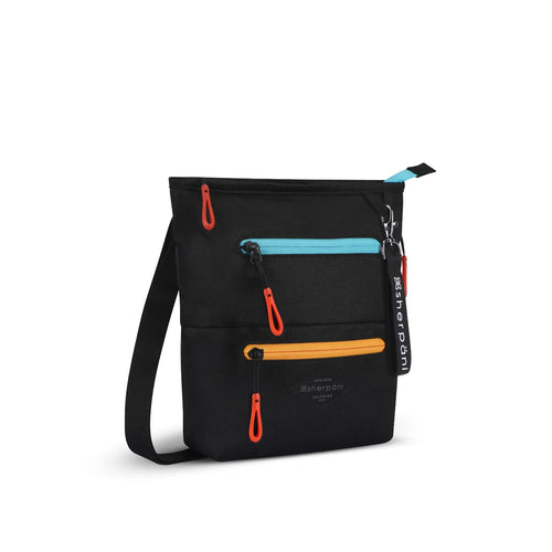 Angled front panel view of the black bag with orange, red and blue accents. 
