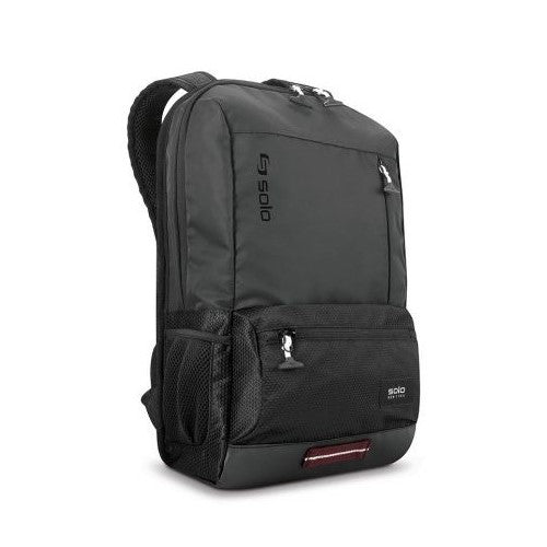 Angled front panel view of the black backpack