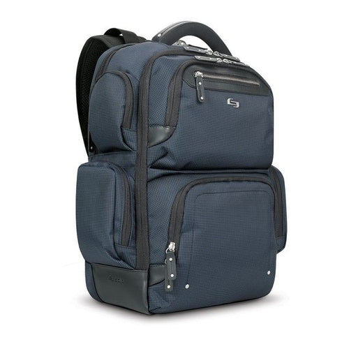 Front Angled View of the navy backpack. 