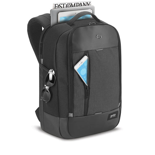 Angled front panel view of the black backpack with 