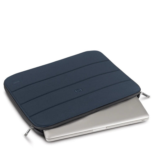 Angled view of the sleeve with a laptop peeking from the main compartment. 