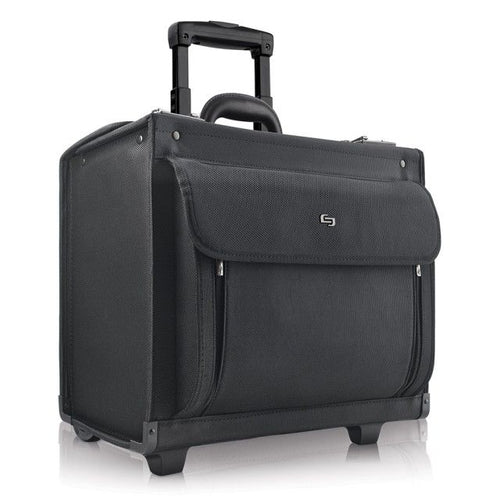 Angled front panel of the catalog case. The telescopic handle is partly extended. 