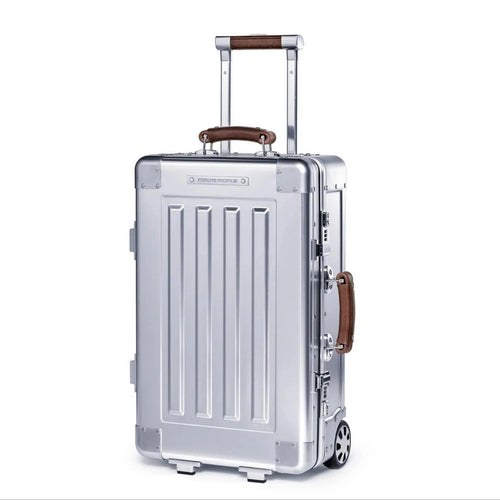 Angled front view of the suitcase with the telescopic handle extended. 