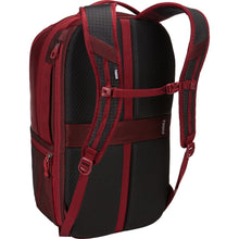 Load image into Gallery viewer, Angled back panel view of the ember red backpack showing the black accents, padded back and shoulder straps. 
